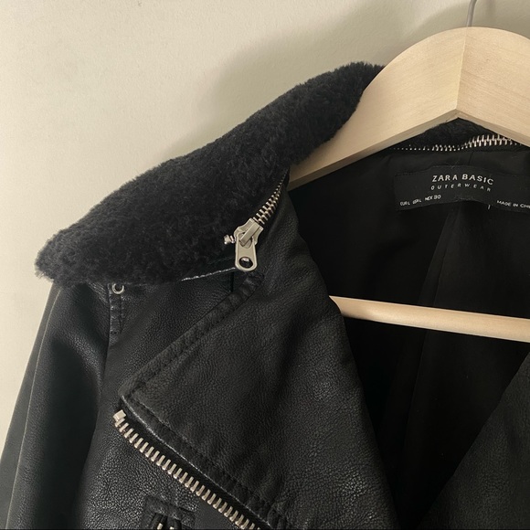 Zara Black Faux Fur Leather Aviator Cropped Jacket Size Large - Picture 4 of 11